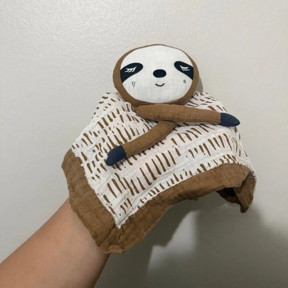 Lulujo Baby Lovey brown sloth White trim Muslin Security Blanket
